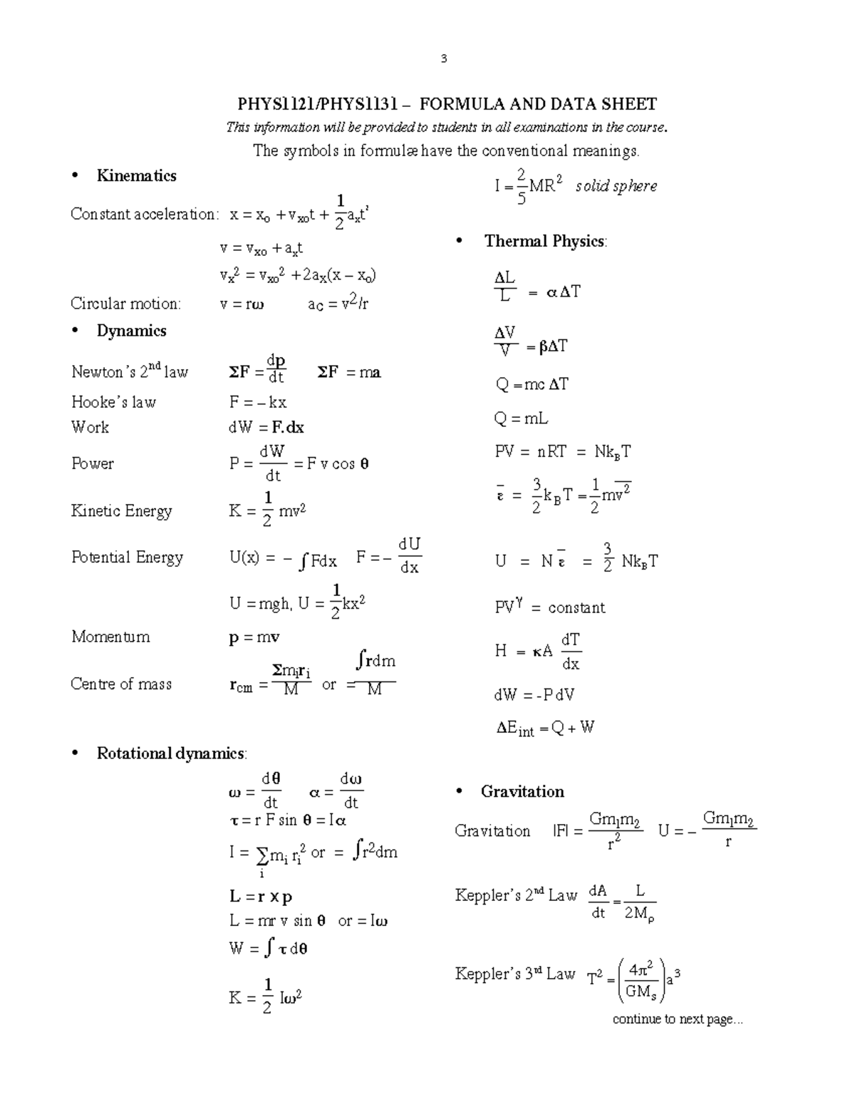 Formulasheet - 3 PHYS1121/PHYS1131 – FORMULA AND DATA SHEET This ...