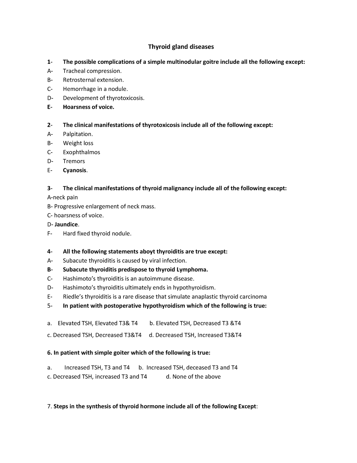 Mcqs Thyroid Gland Diseases Thyroid Gland Diseases 1 The Possible Complications Of A Simple 