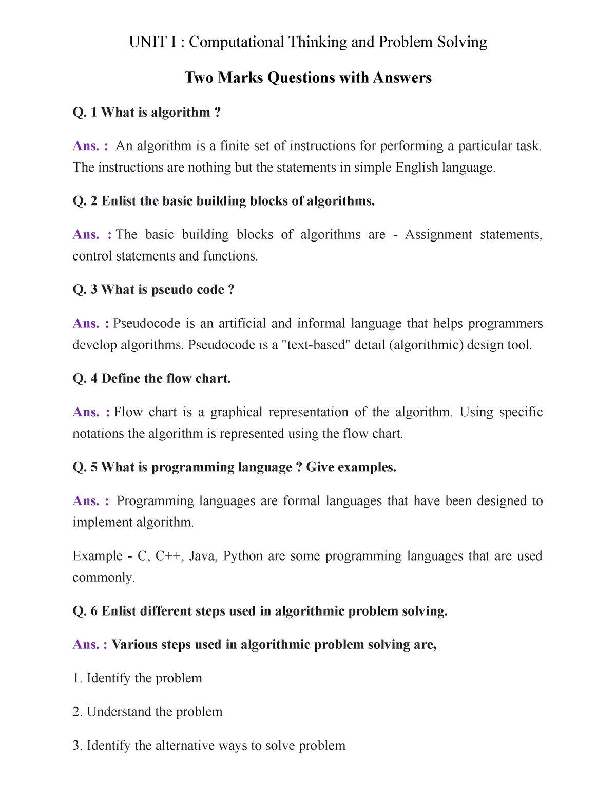 UNIT 1 Important Questions - UNIT I : Computational Thinking And ...