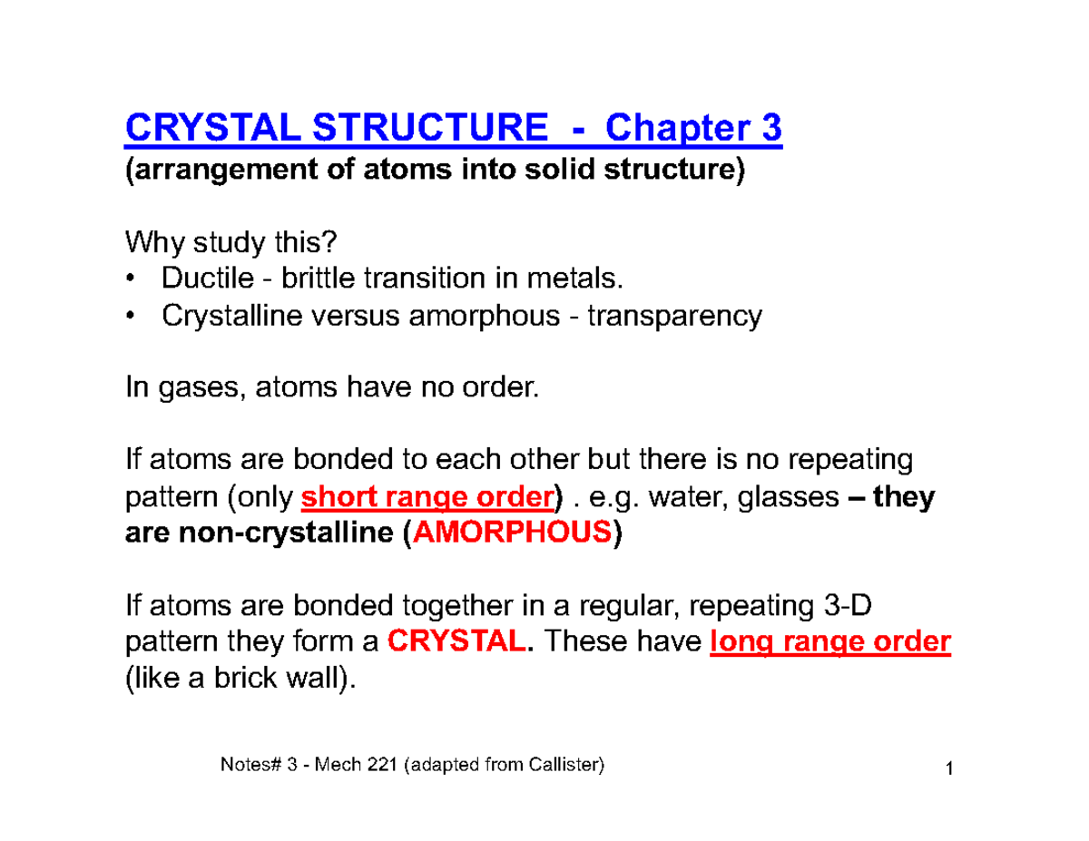 3 - Lecture note - CRYSTAL STRUCTURE - Chapter 3 (arrangement of atoms ...