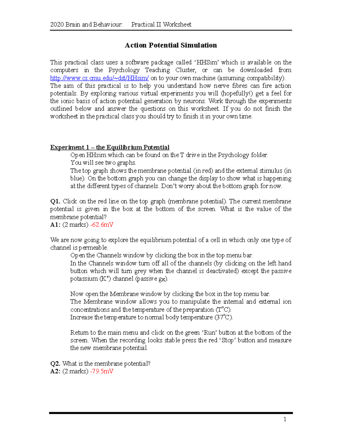 Action Potential Worksheet Action Potential Simulation This Practical 