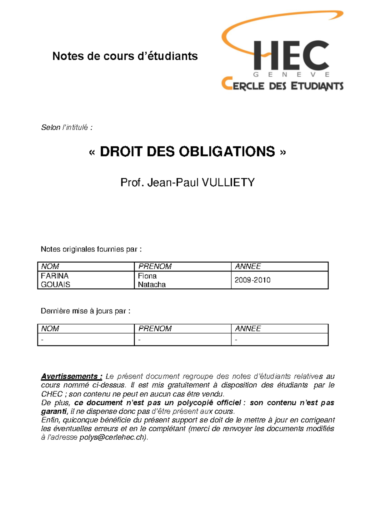 Droit Des Obligations - Notes De Cours D’étudiants Selon L’intitulé ...