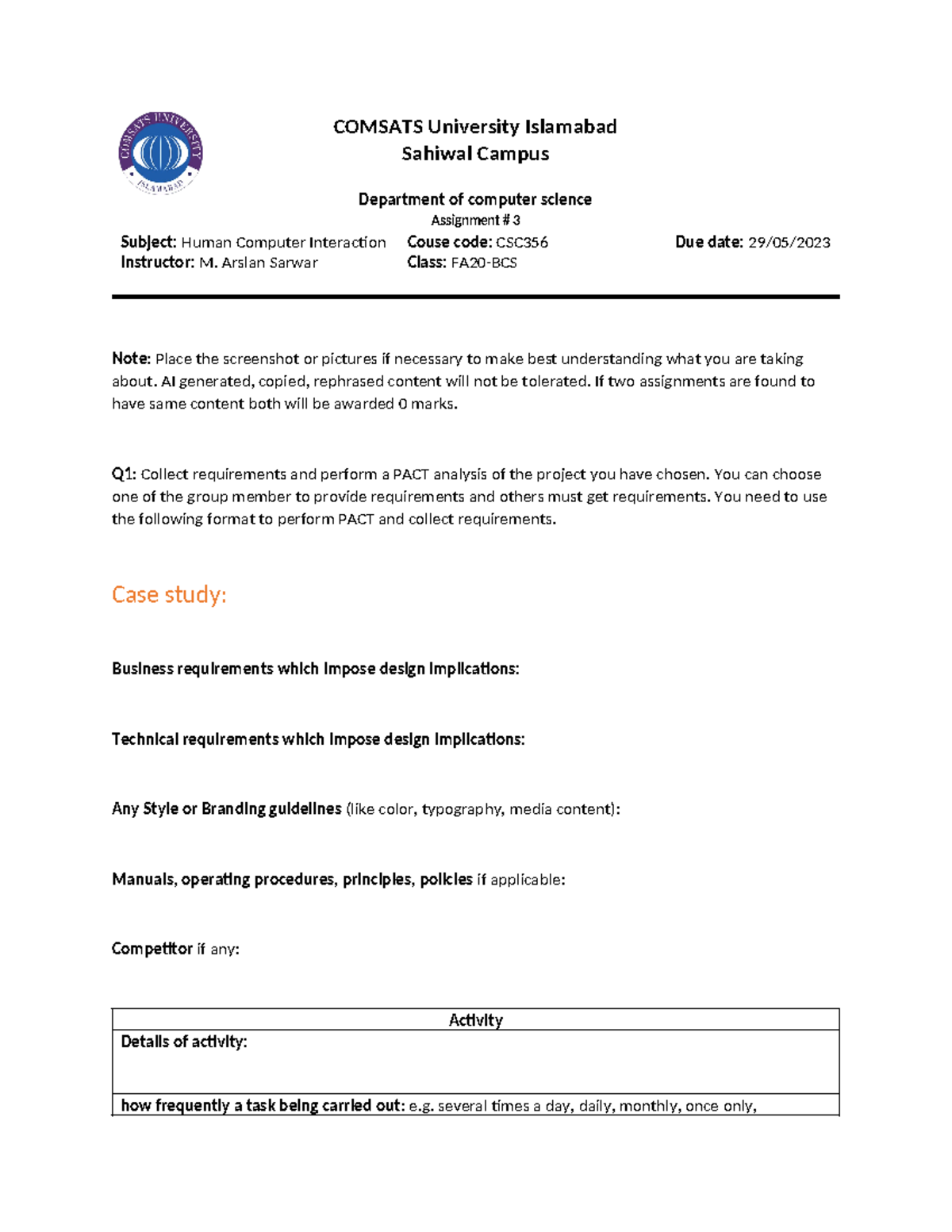Assignment 3 - COMSATS University Islamabad Sahiwal Campus Department ...
