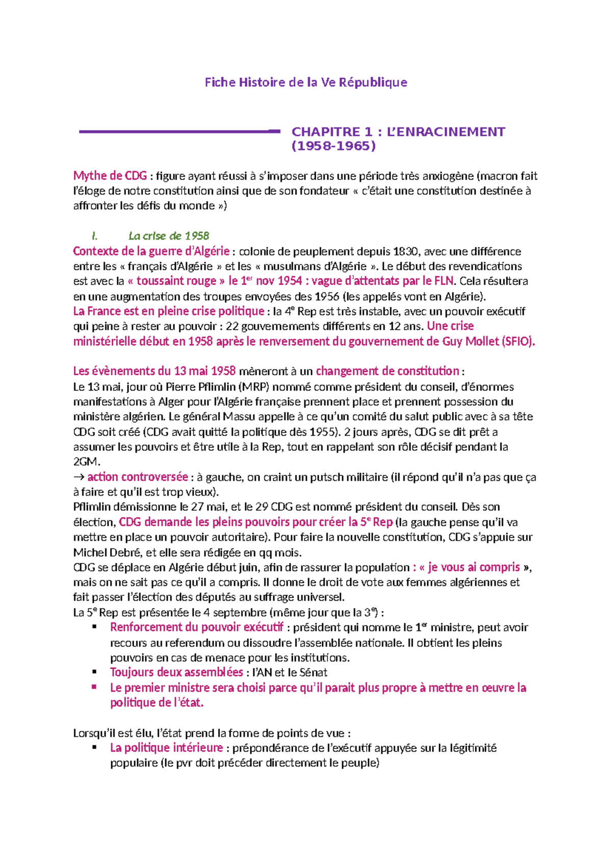 Fiche Ve republique - Fiche Histoire de la Ve République CHAPITRE 1 : L ...