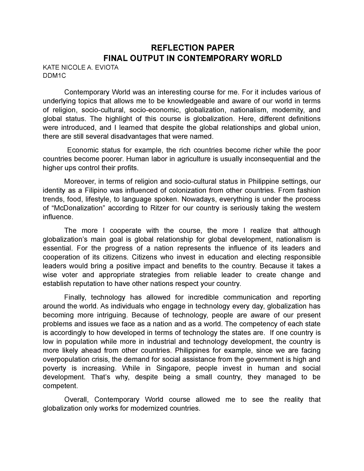 essay reflection about contemporary world subject
