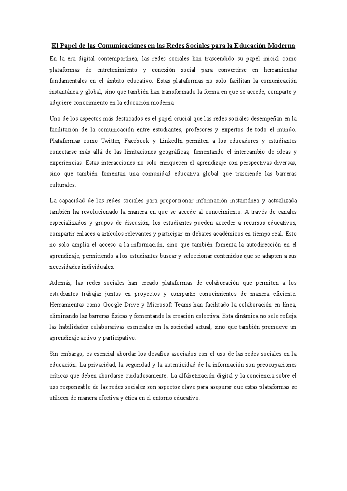 El Papel de las Comunicaciones en las Redes Sociales para la Educación ...