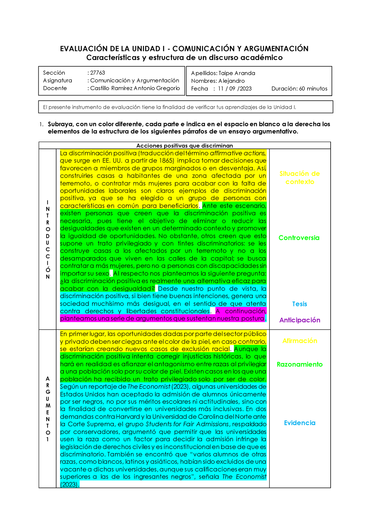 Evaluación Unidad I - Prueba Mixta - EVALUACI”N DE LA UNIDAD I ...