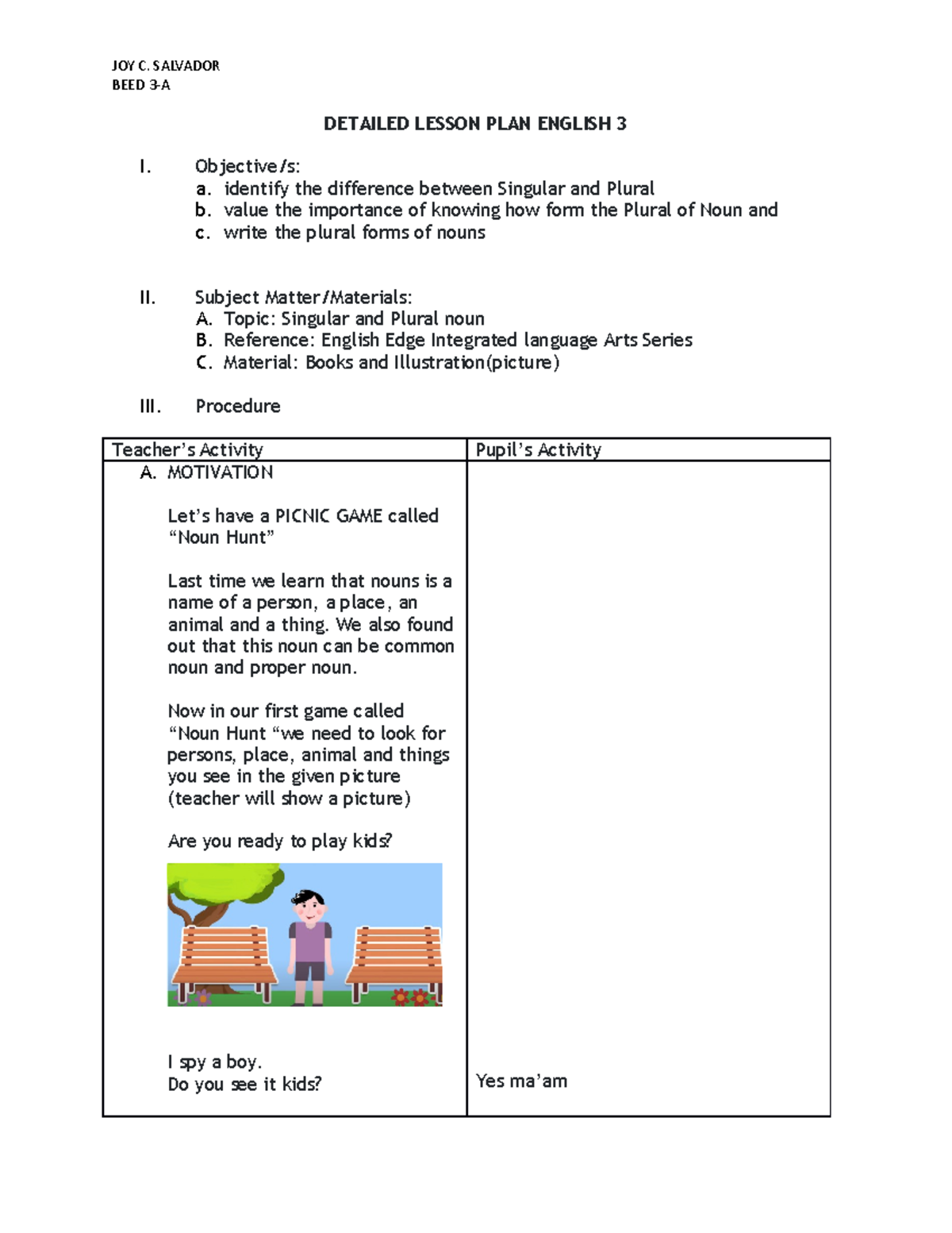 Detailed Lesson PLAN English 3 BEED 3 A DETAILED LESSON PLAN ENGLISH 