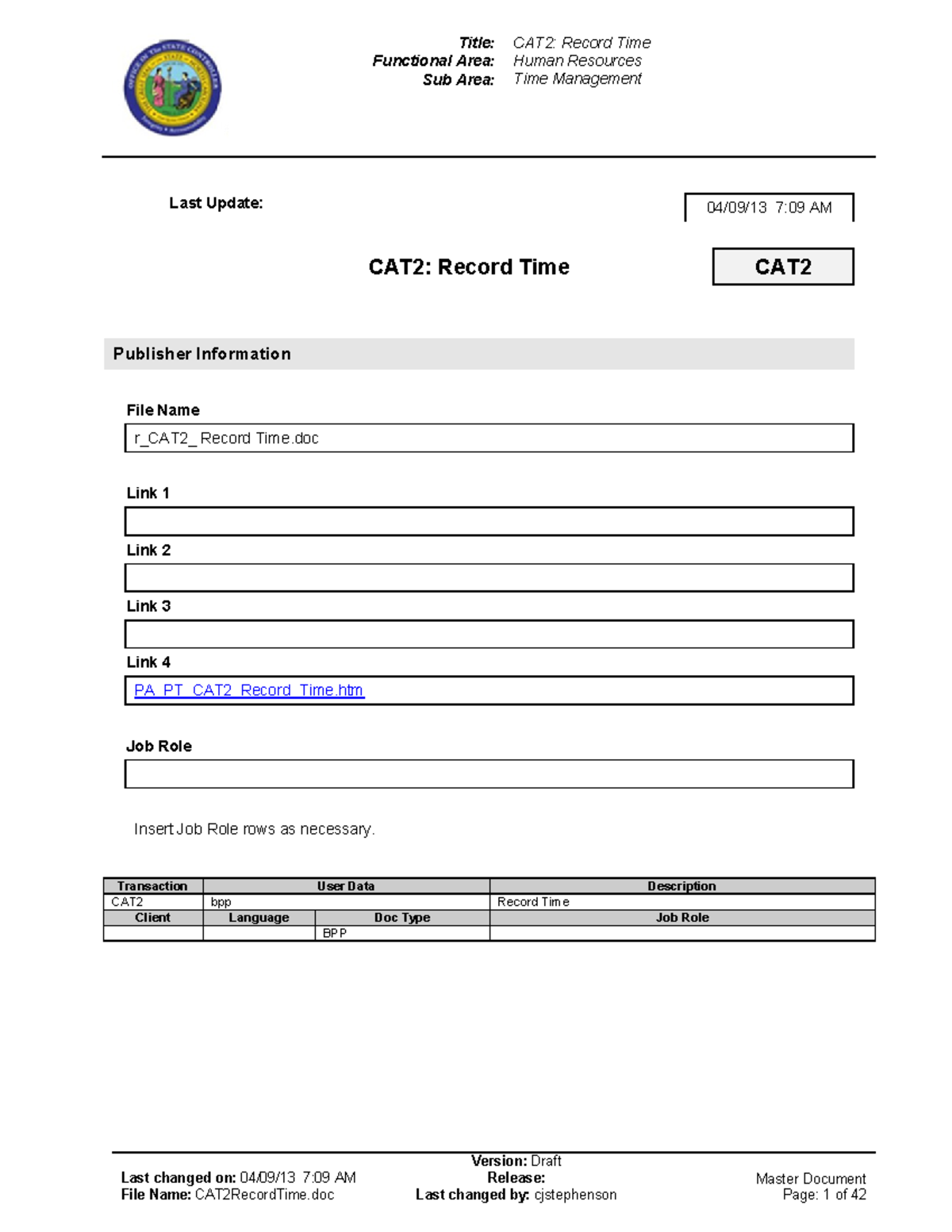 CAT2Record Time - asdasdad - Functional Area: Human Resources Sub Area ...