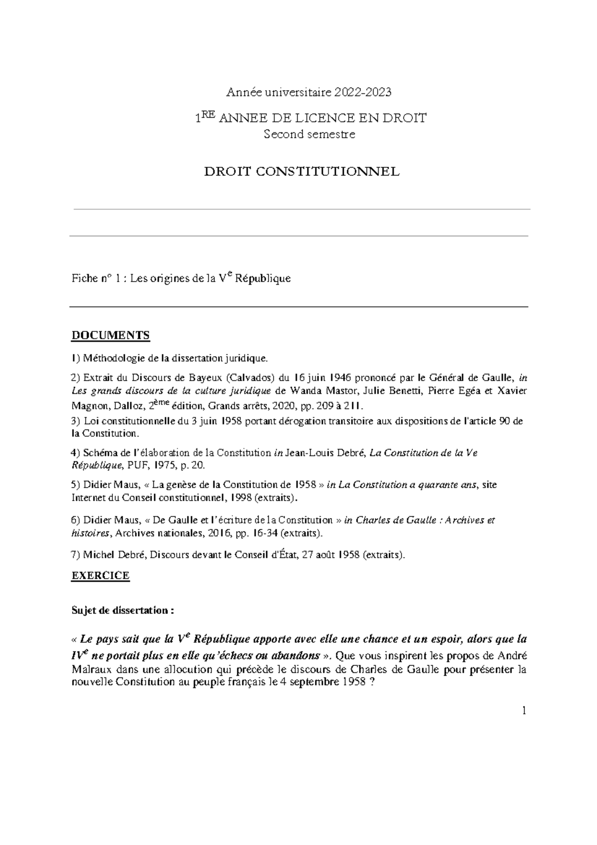 Fiche 1 - cours - Année universitaire 2022- 1 RE ANNEE DE LICENCE EN ...