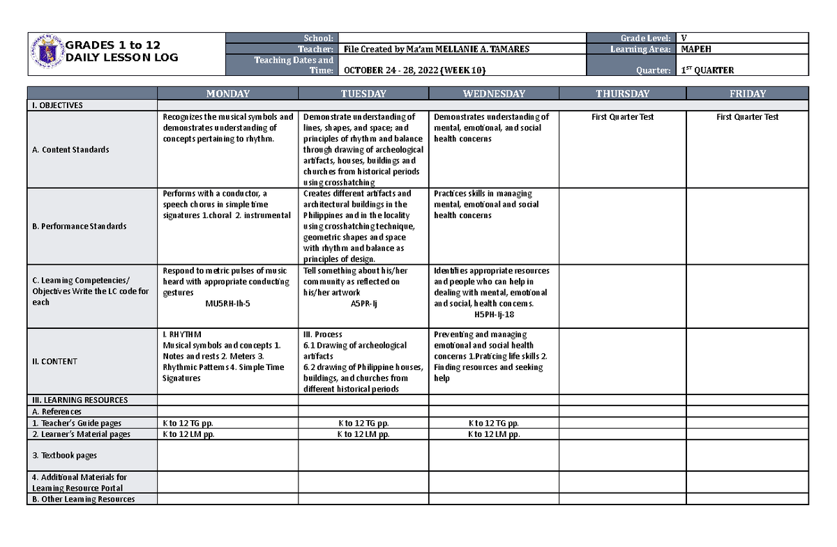 DLL Mapeh 5 Q1 W10 - GRADES 1 to 12 DAILY LESSON LOG School: Grade ...