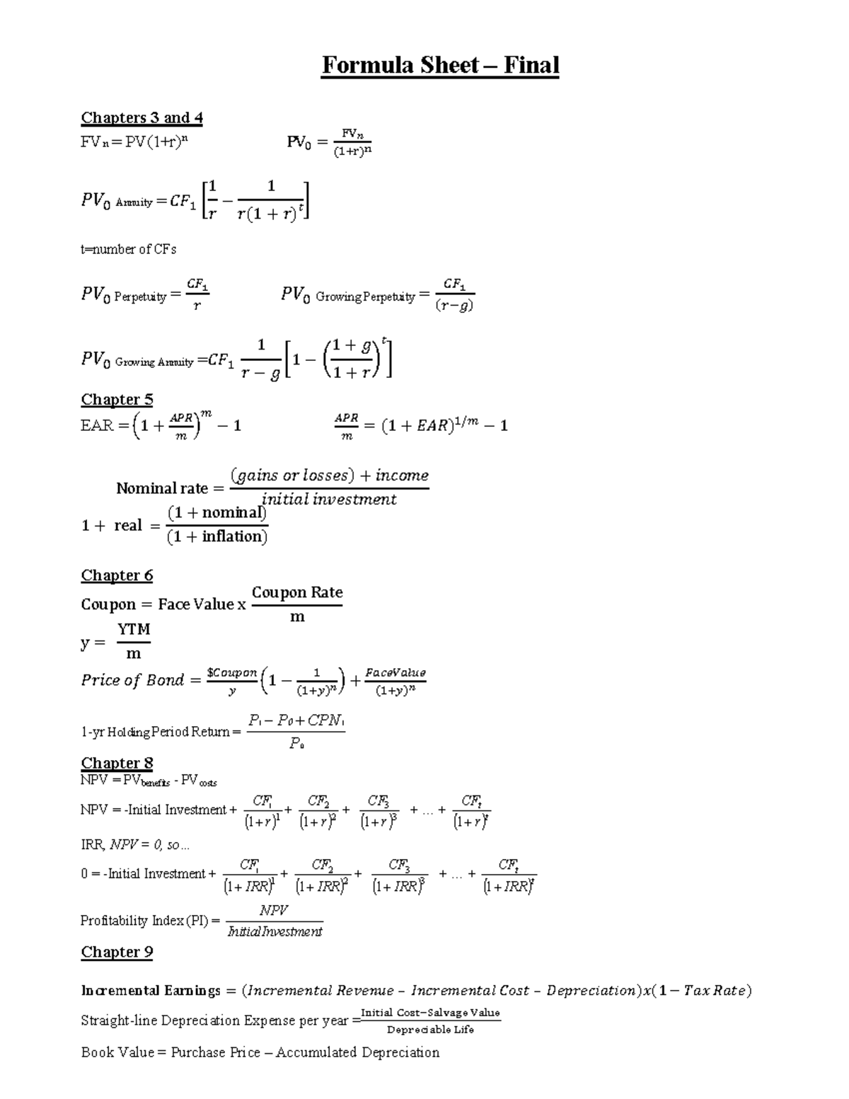 Formula sheet final - Formula Sheet – Final Chapters 3 and 4 FVn = PV(1 ...