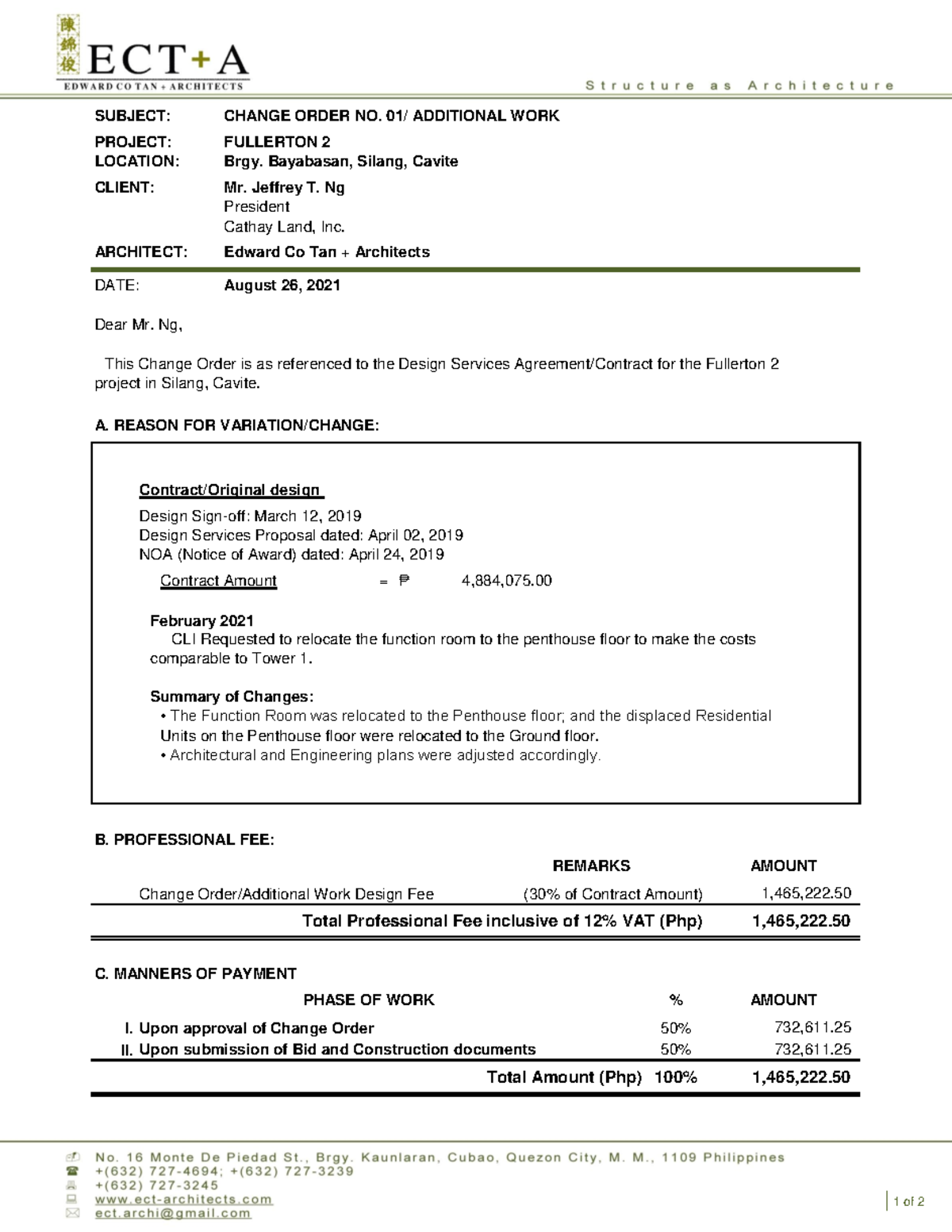 082621 Fullerton 2 Change Order No.1-Additional Work - SUBJECT: CHANGE ...