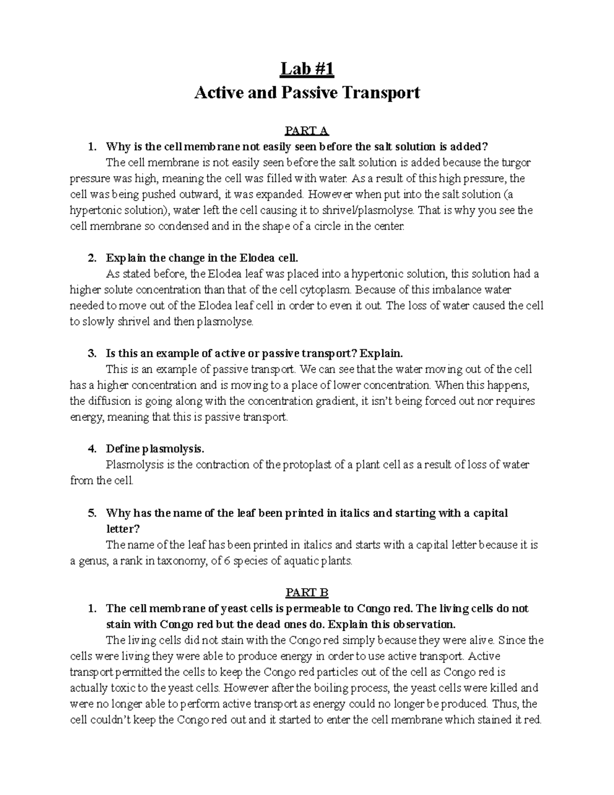 Lab 1 Active and Passive Transport Lab Active and Passive