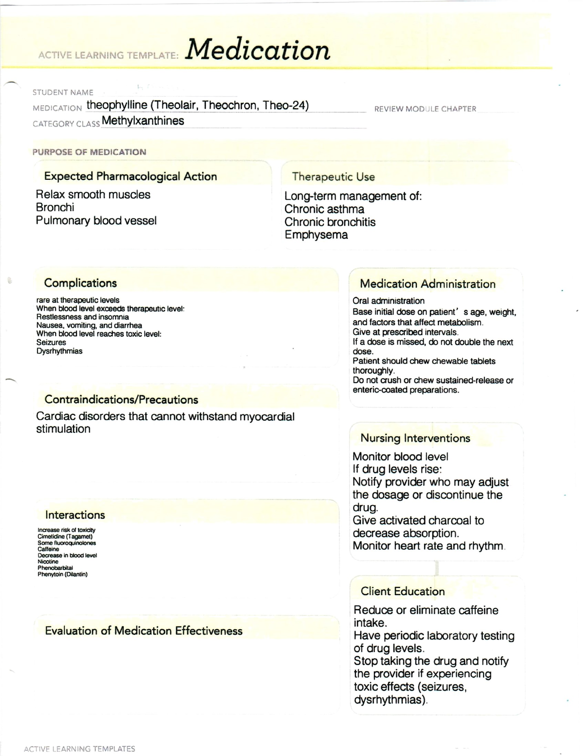 ATI Theophylline (Theolair, Theochron, Theo-24) Medication Sheet ...