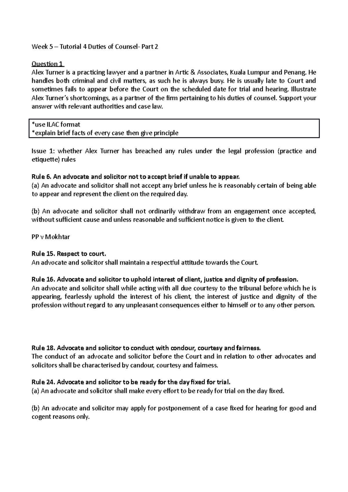 PP tutorial work - Week 5 – Tutorial 4 Duties of Counsel- Part 2 ...