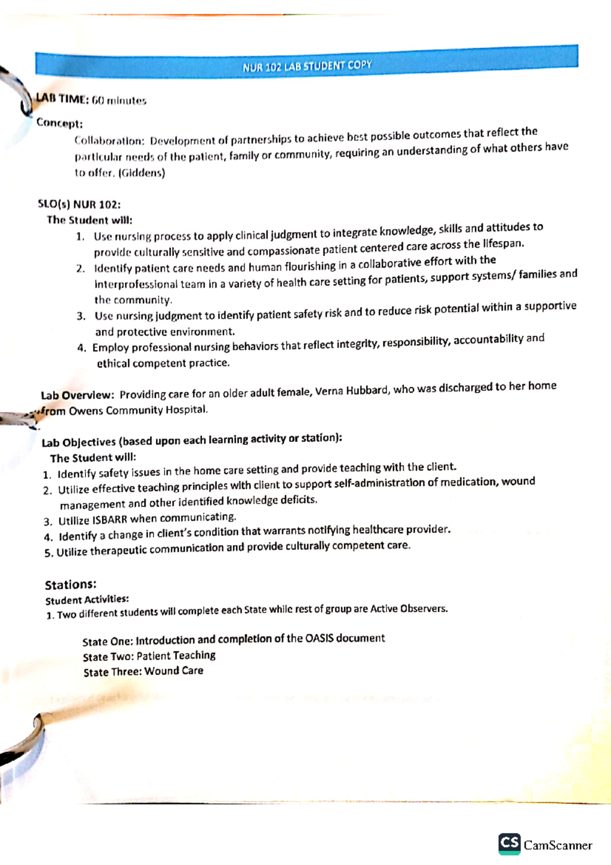 Nur 102 lab hps verna wound care NUR 102 CamScanner CamScanner