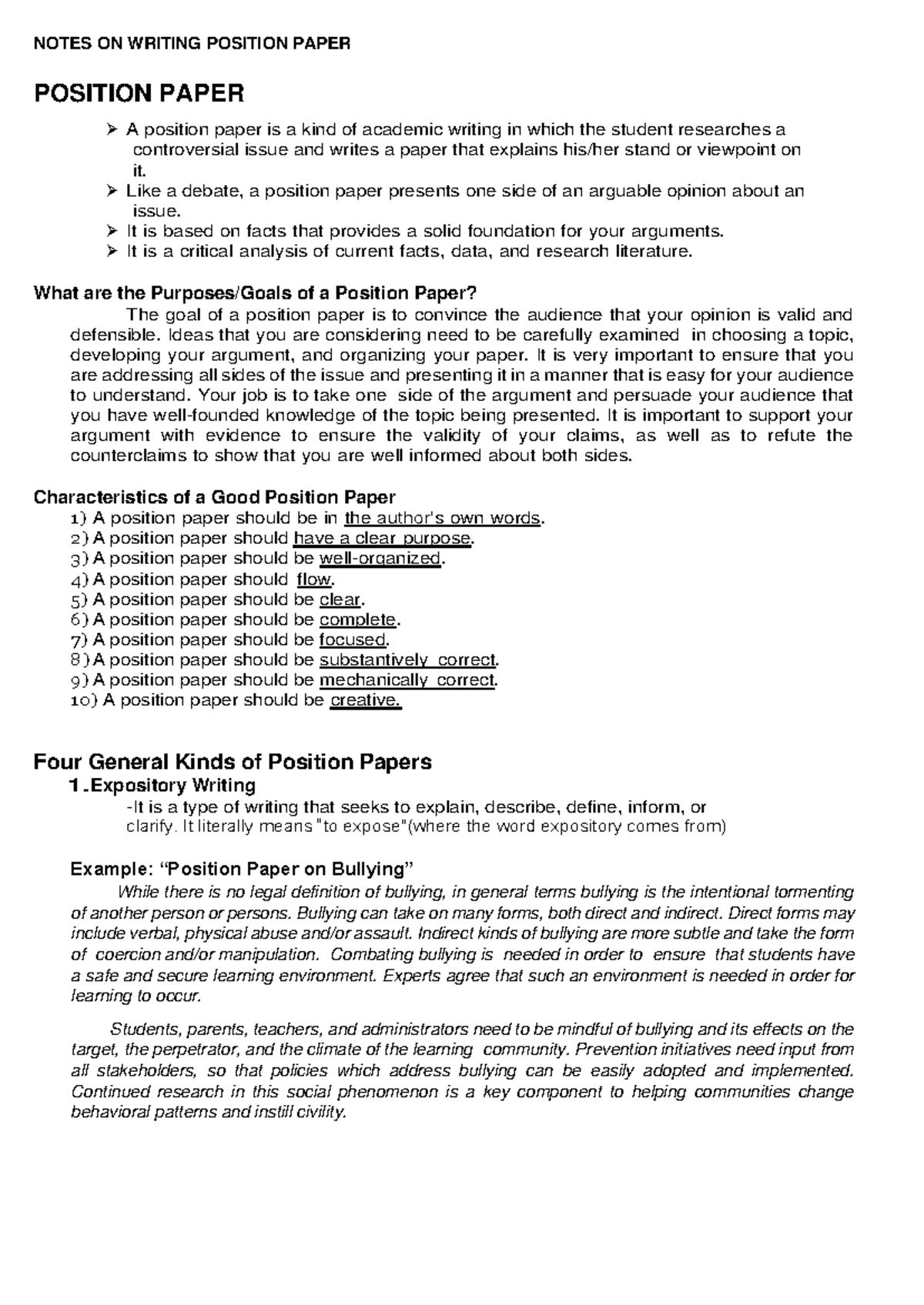 Notes ON Writing Position Paper NOTES ON WRITING POSITION PAPER