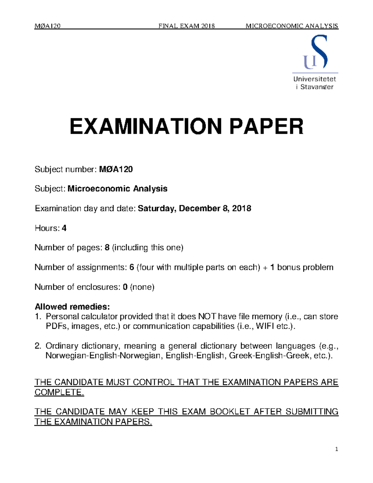 2018 Exam Examen EXAMINATION PAPER Subject number MØA Subject