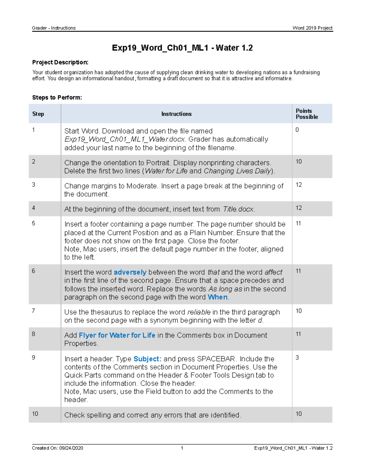 Exp19 Word Ch01 ML1 - Water 1 - Grader - Instructions Word 2019 Project ...