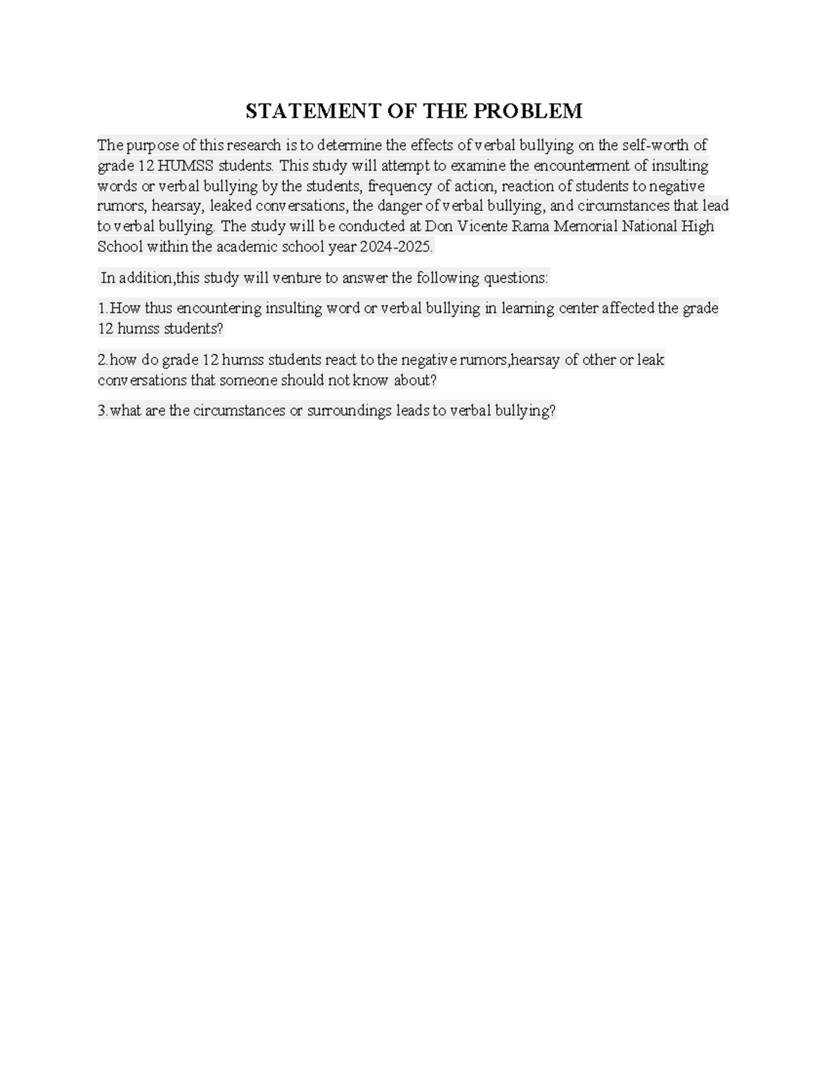 PR 2 PT 2 - practical research - STATEMENT OF THE PROBLEM The purpose ...