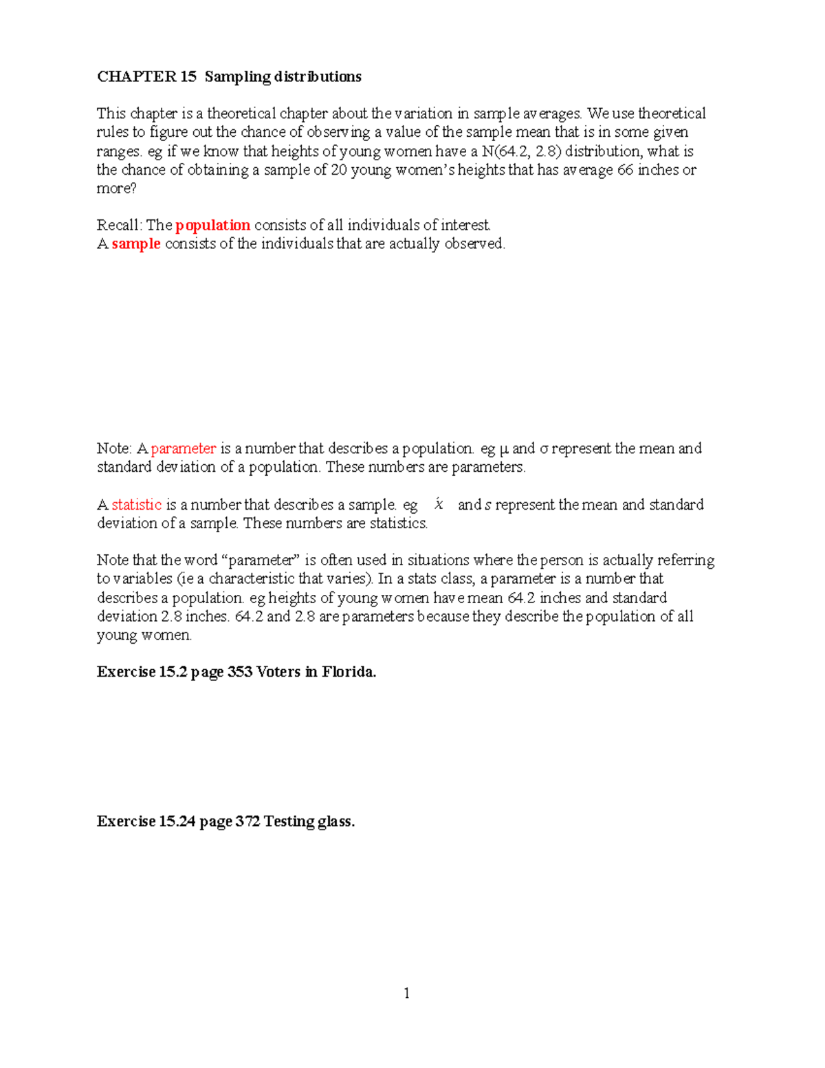 Stat 104-Chapter 15 - CHAPTER 15 Sampling Distributions This Chapter Is ...