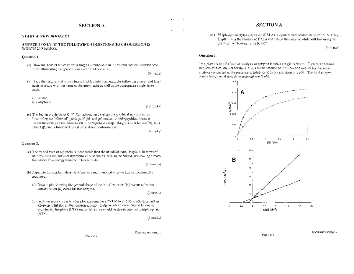 Biochemistry Sample Exam - SECTION A START A NEW BOOKLET ANSWER 3 ONLY ...