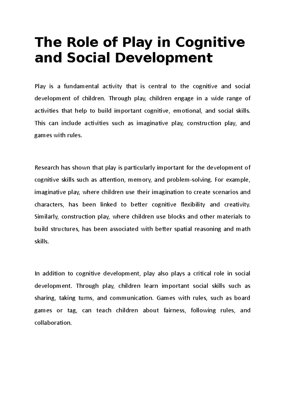 The Role of Play in Cognitive and Social Development Through play