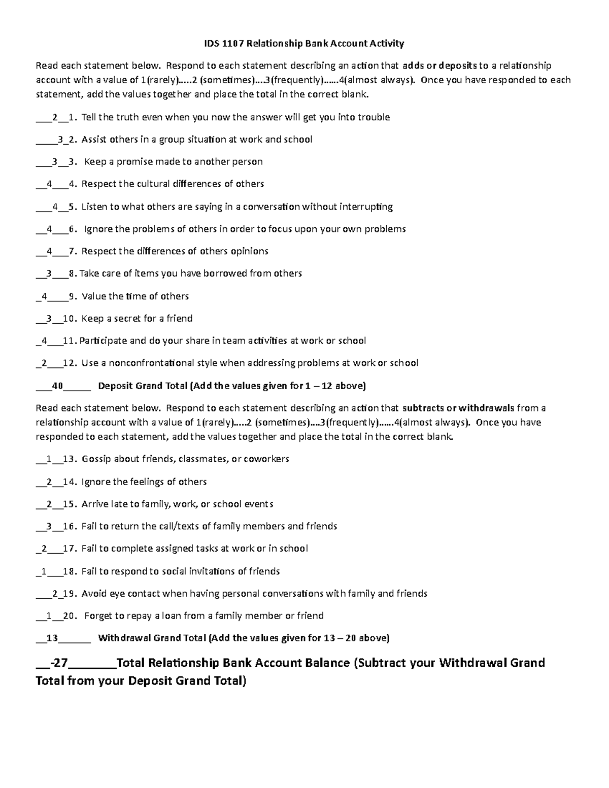 IDS 1107 Relationship Bank Account - Respond to each statement ...