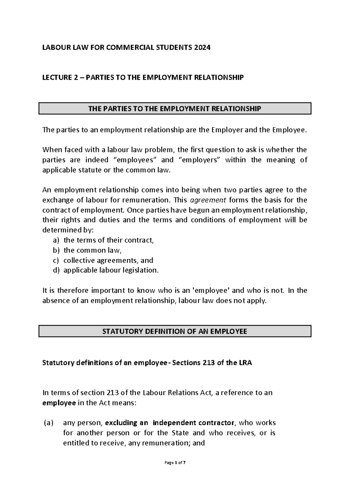 Labour LAW - Lecture 2 - 2024 - LABOUR LAW FOR COMMERCIAL STUDENTS 2024 ...