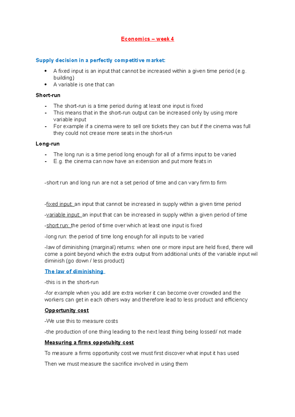 Economics week 4 - Lecture notes 4 - Economics – week 4 Supply decision ...