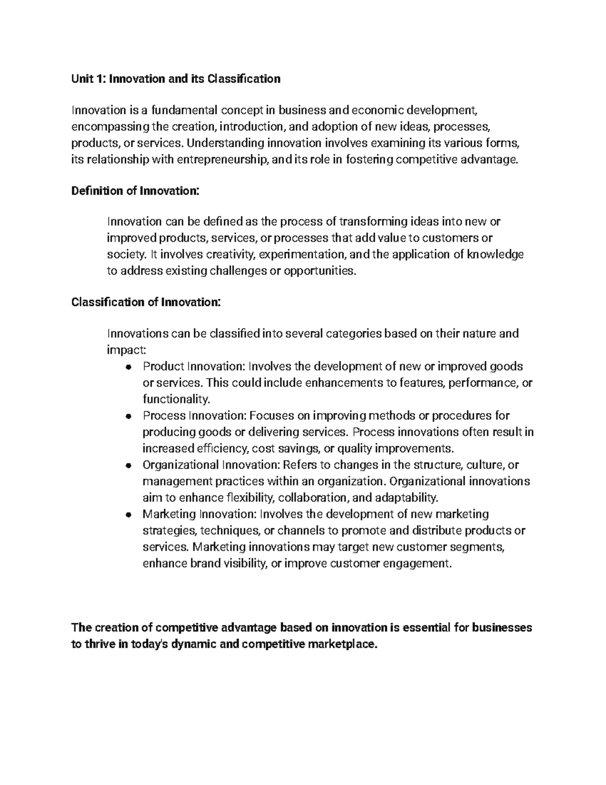 Unit 1-1 - Unit 1: Innovation and its Classification Innovation is a ...