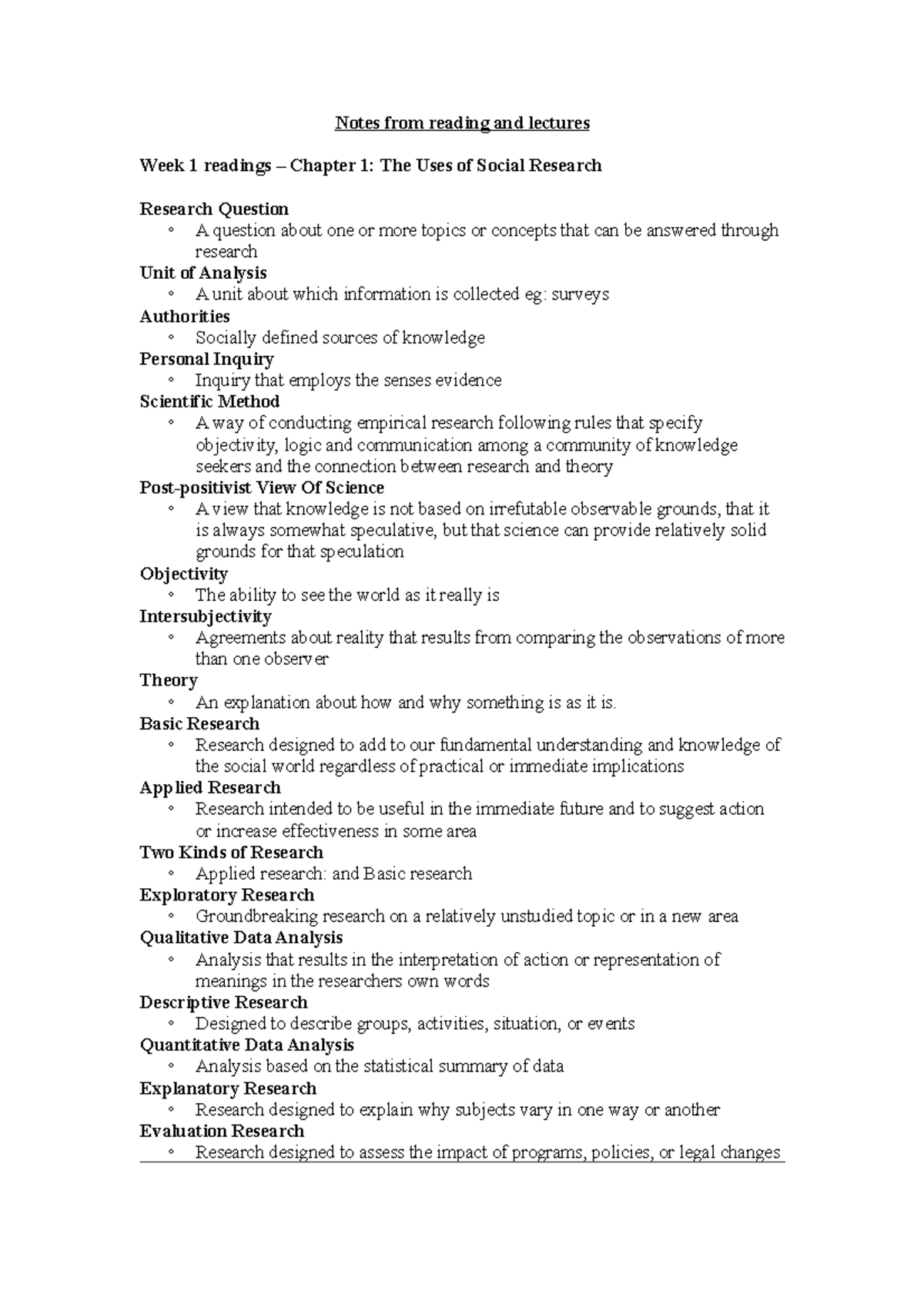 Notes from reading and lectures Week 1 - Basic Research Research ...
