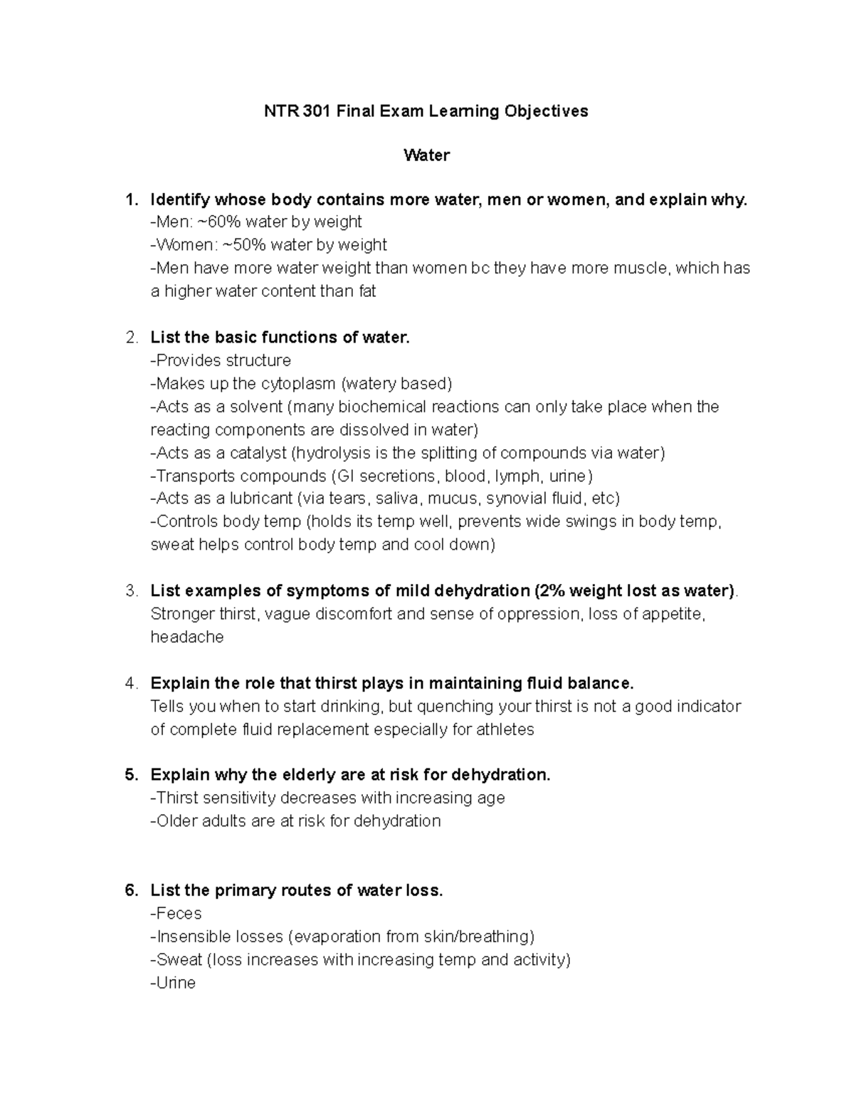 NTR 301 Final Exam Learning Objectives NTR 301 Final Exam Learning
