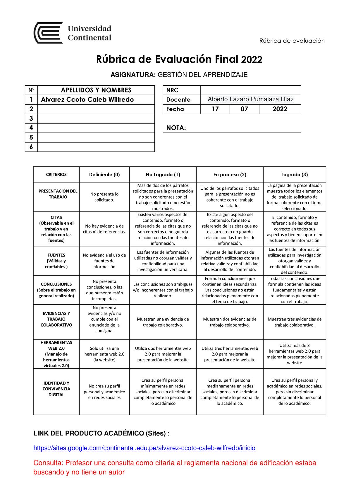 Trabajo Final - R ̇brica De EvaluaciÛn R ̇brica De EvaluaciÛn Final ...