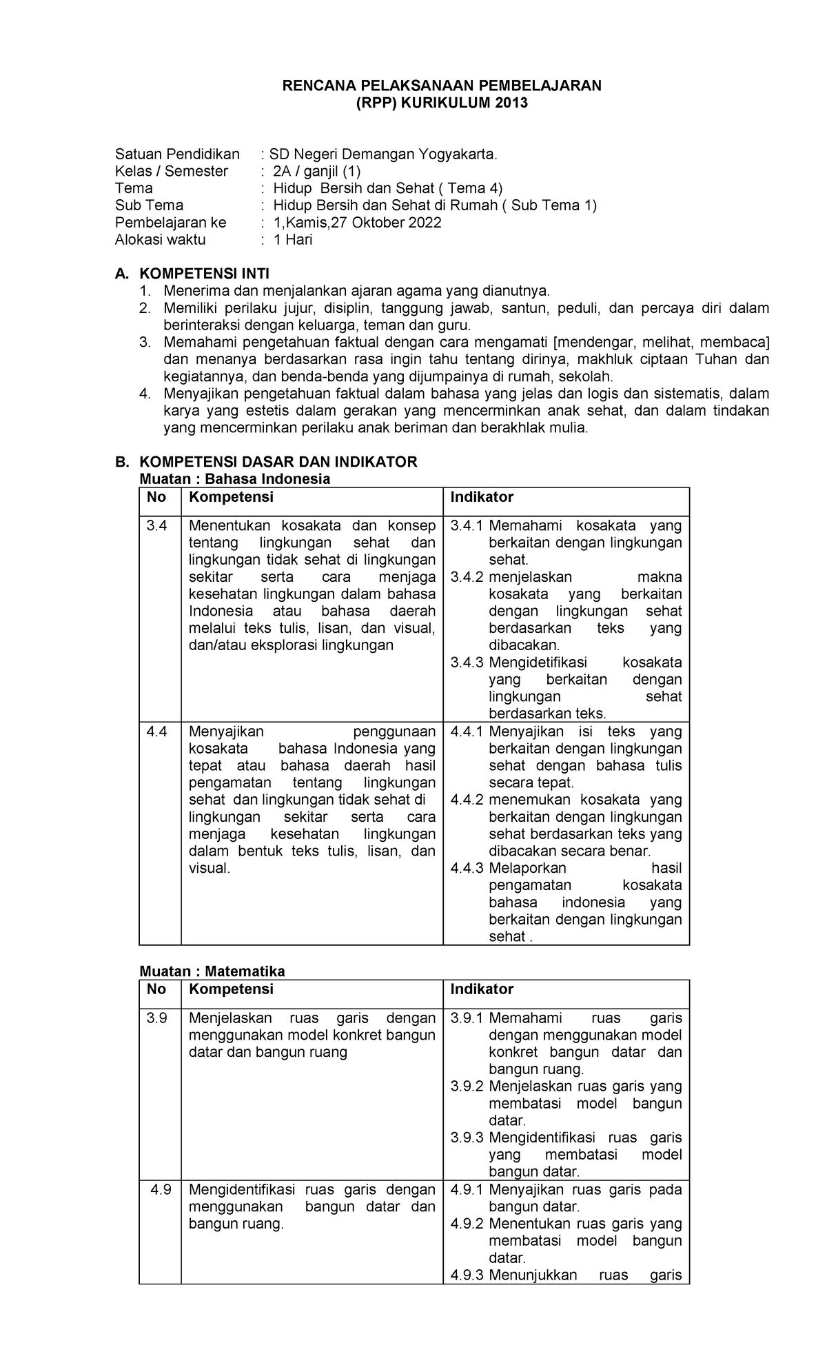 Tema 4,St 1,Pb 1 - Pembelajaran - RENCANA PELAKSANAAN PEMBELAJARAN (RPP ...