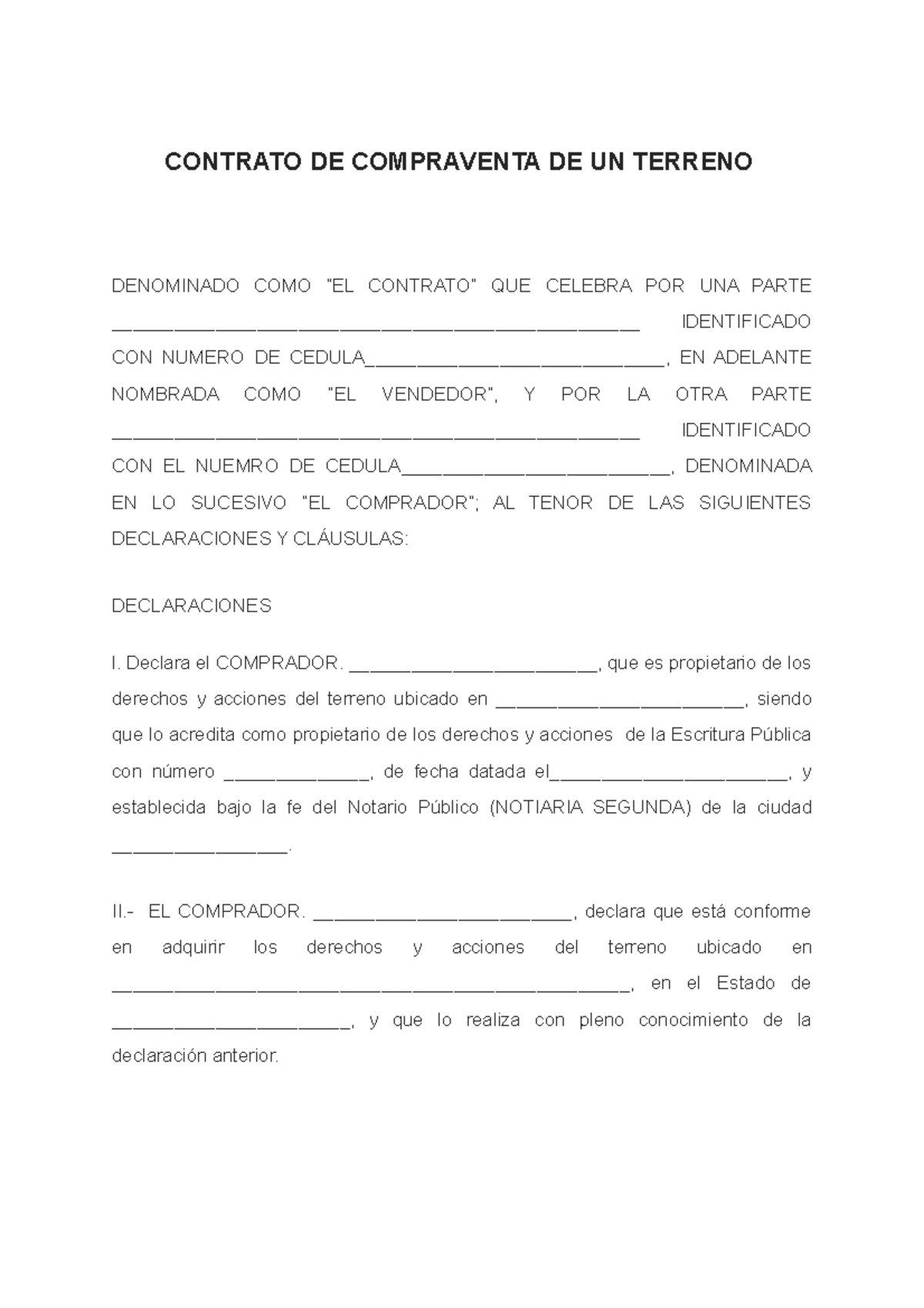 Formato De Contrato De Compraventa De Terreno De Un Terreno Contrato De Compraventa De Un