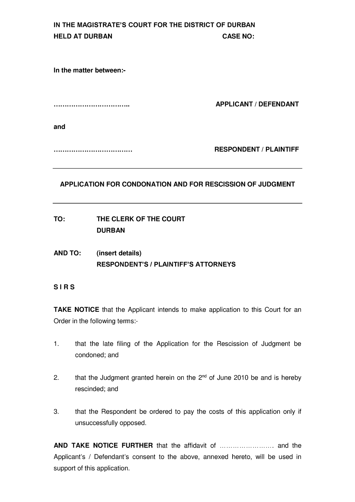 Application For Rescission - LLB - UKZN - Studocu