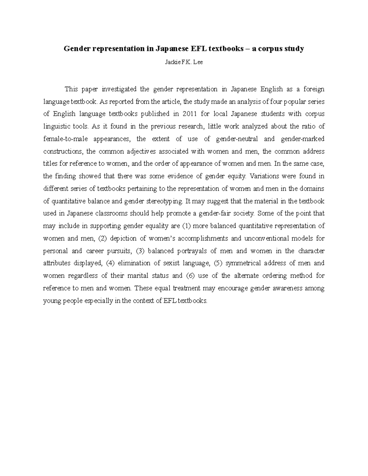 Article Summary 4 - Gender representation in Japanese EFL textbooks – a ...