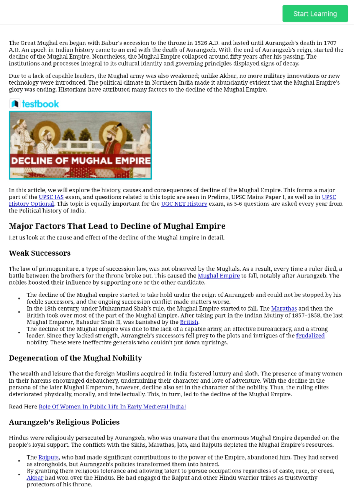 Decline Of The Mughal Empire - Major Causes & Its Impact UPSC - Start ...