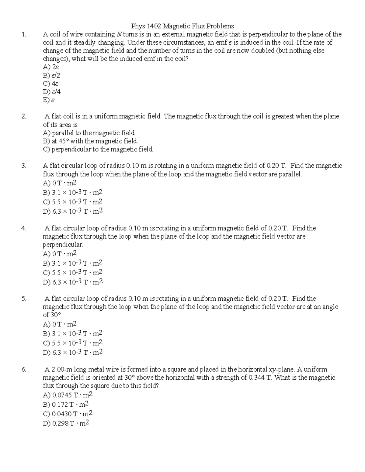 Phys 1402 Magnetic Flux Problems - Phys 1402 Magnetic Flux Problems A 