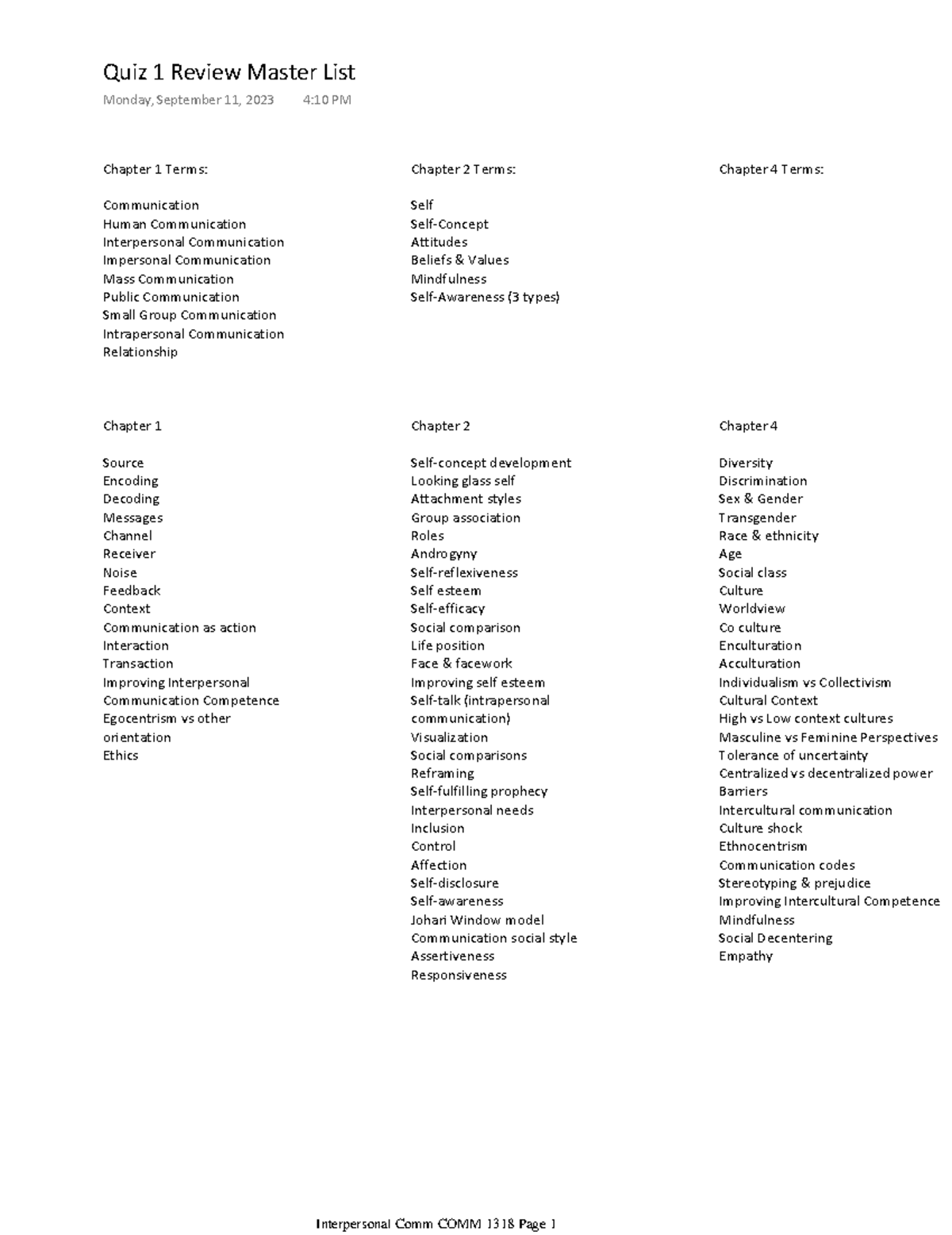 Quiz 1 Review Master List - Chapter 1 Terms: Communication Human ...