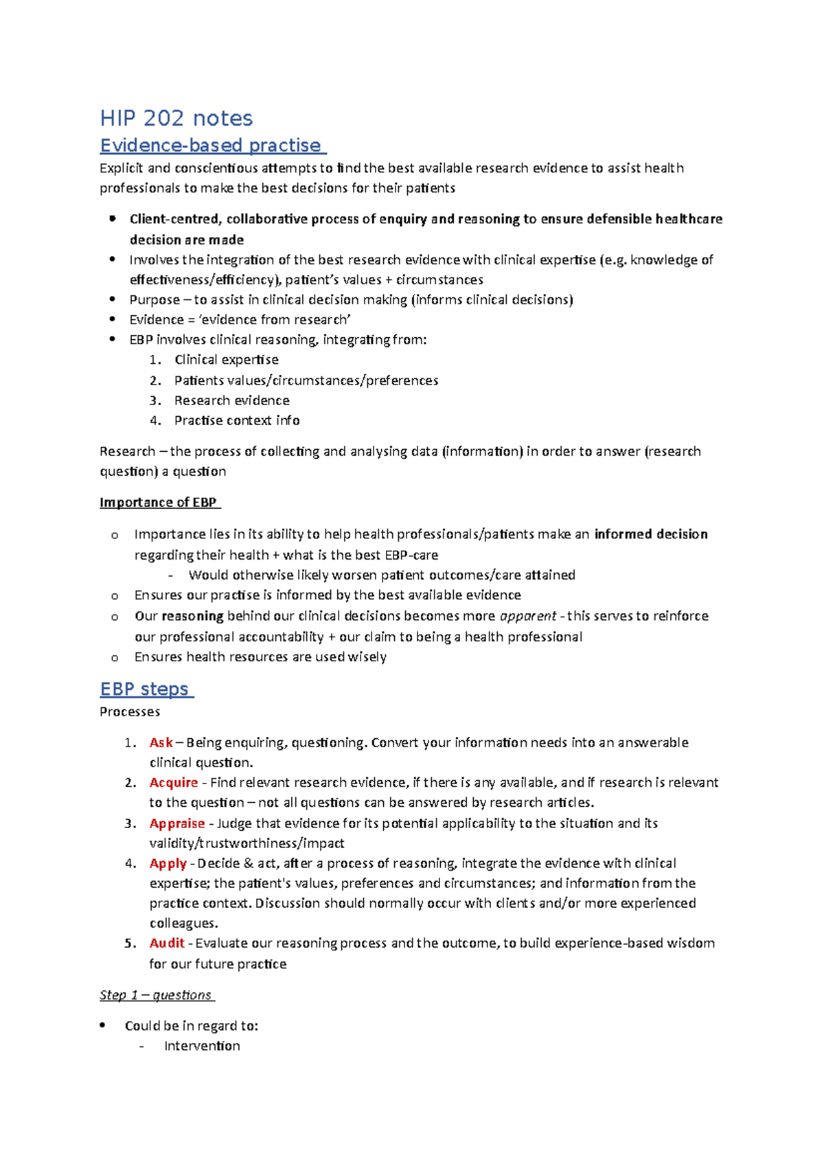 HIP 202 notes - HIP 202 notes Evidence-based practise Explicit and ...