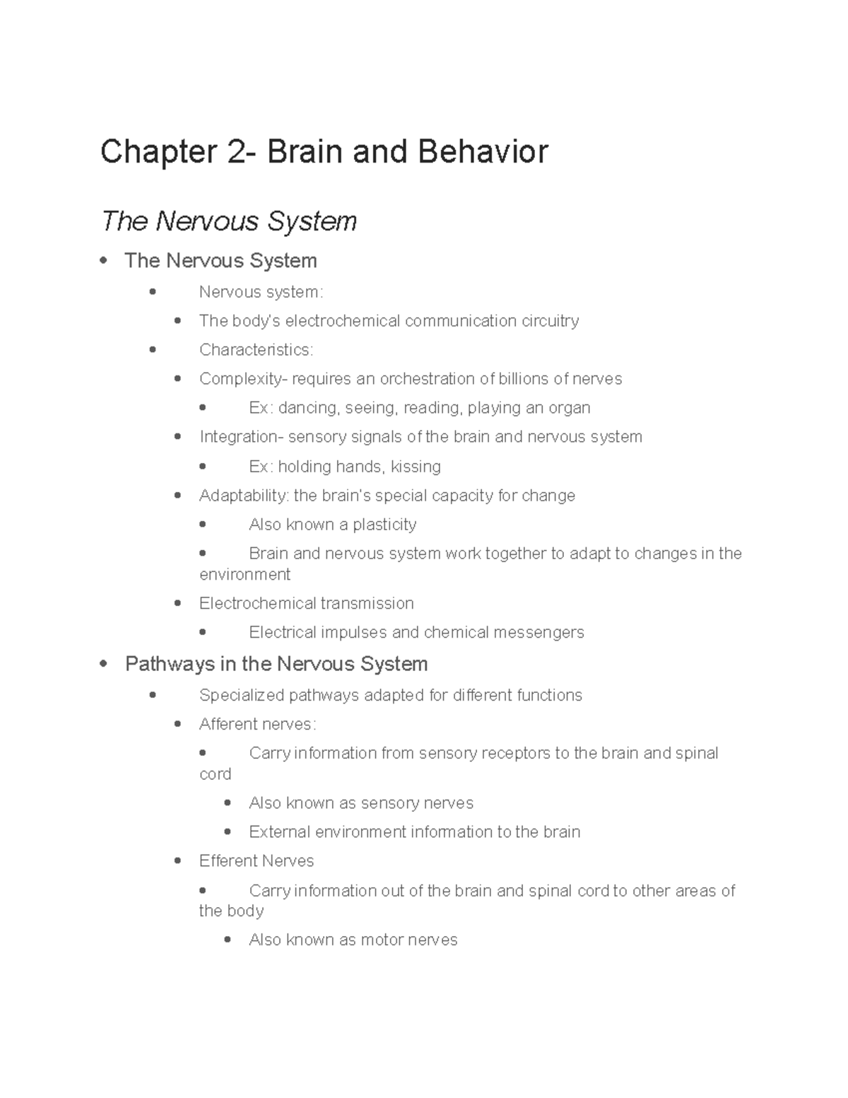 Chapter 2 Psych Notes - Chapter 2- Brain And Behavior The Nervous ...