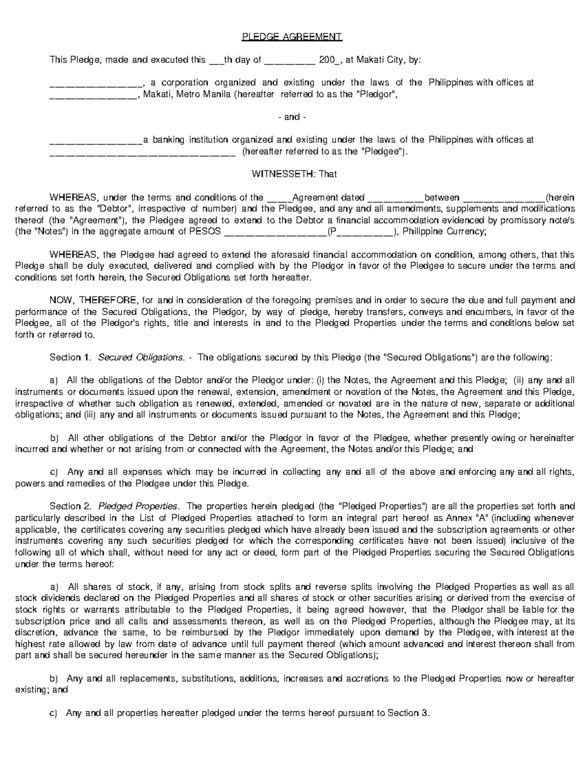 Pledge Agreement - PLEDGE AGREEMENT This Pledge, made and executed this ...