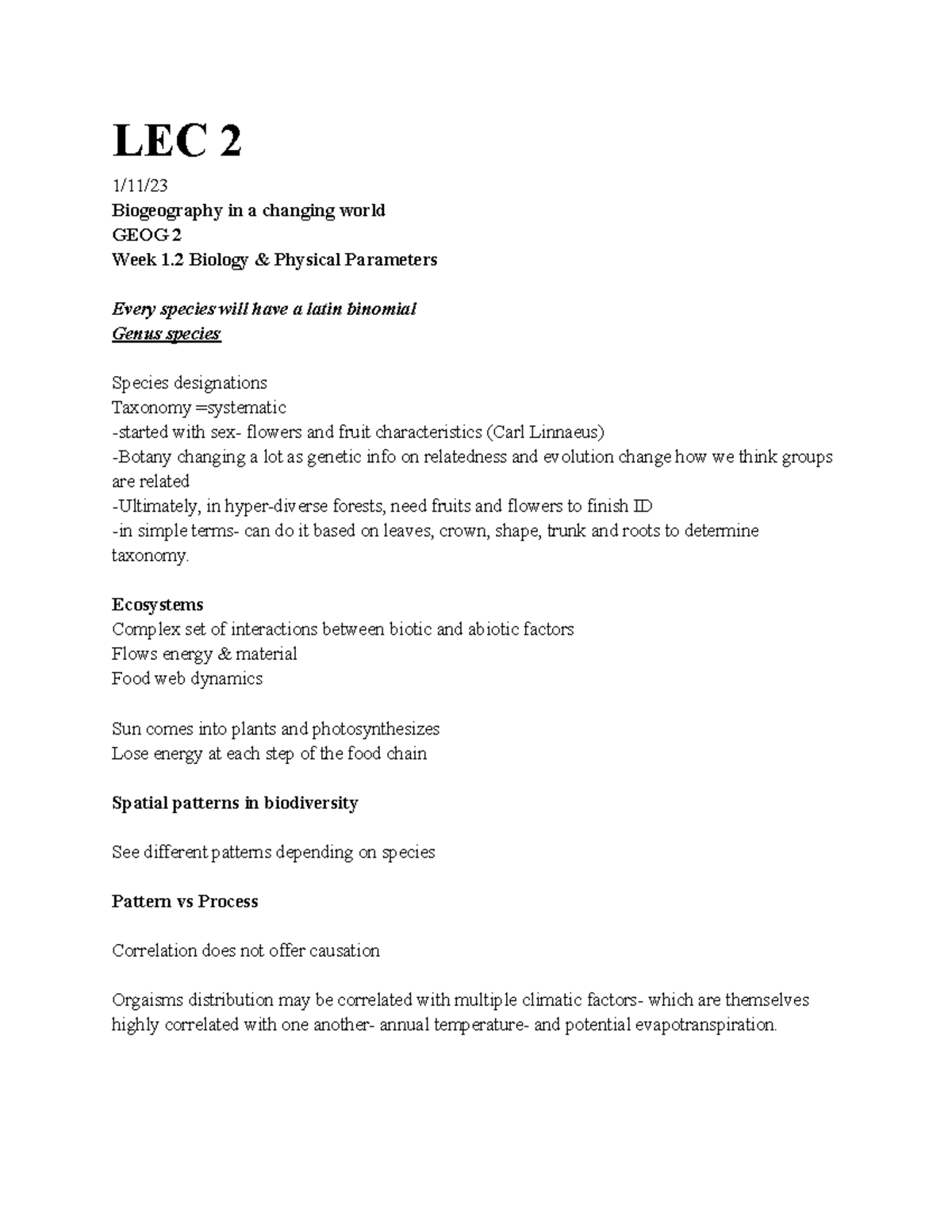 Geog 2 Notes Lec 2 Lecture 2 For Geography 2 Biodiversity In The Geog 2 Notes Lec 2 Lecture 2 For Geography 2 Biodiversity In The