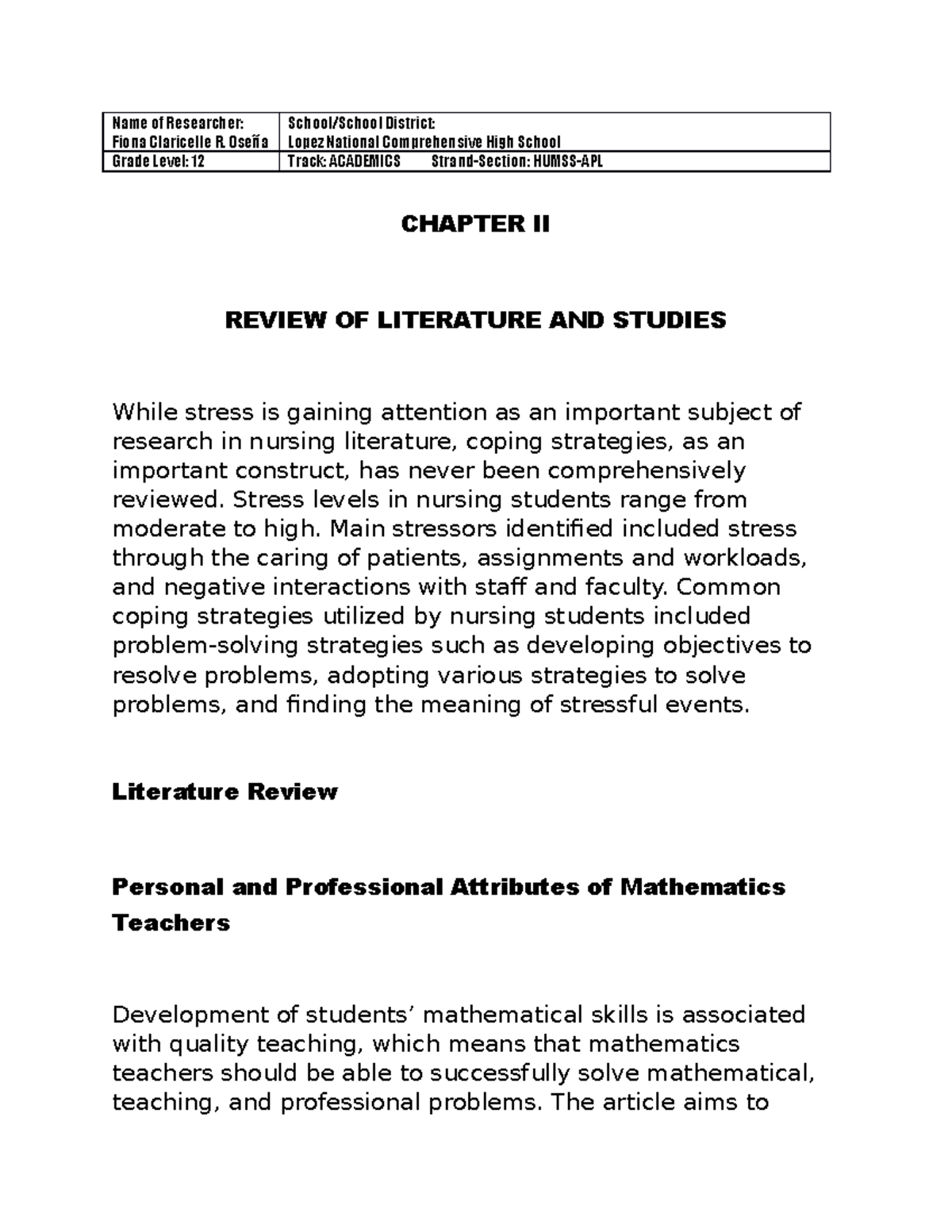 Chapter II-PR2 - work harder - Name of Researcher: Fiona Claricelle R ...