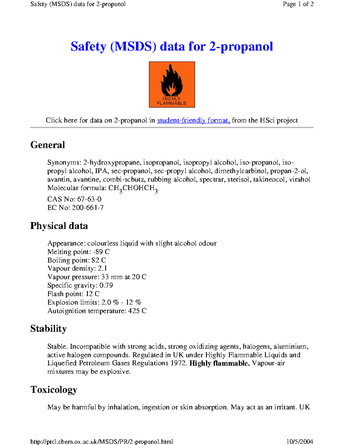 2-Propanol copy - lab - Safety (MSDS) data for 2-propanol Click here ...