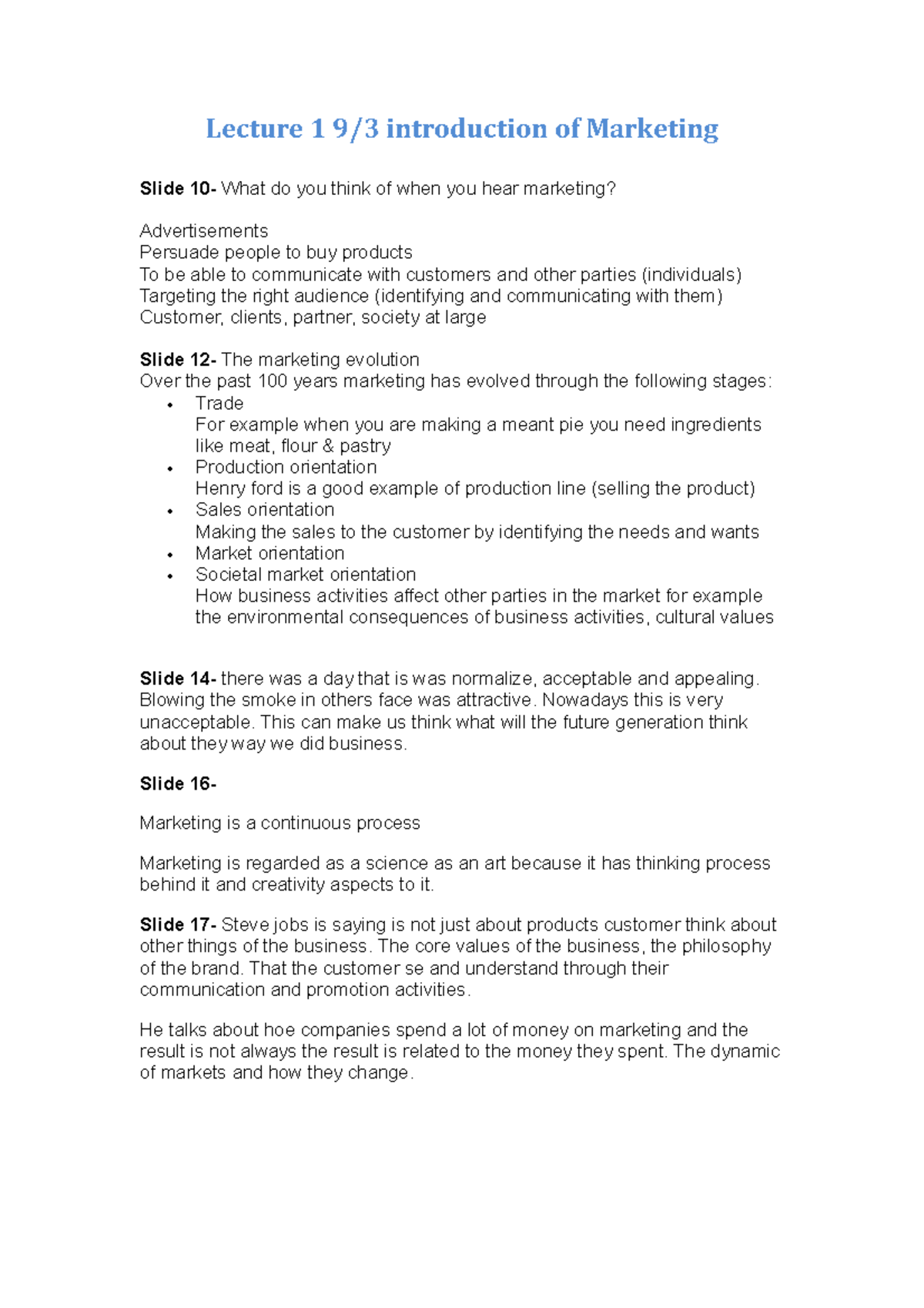 Lecture one marketing notes - Lecture 1 9/3 introduction of Marketing ...