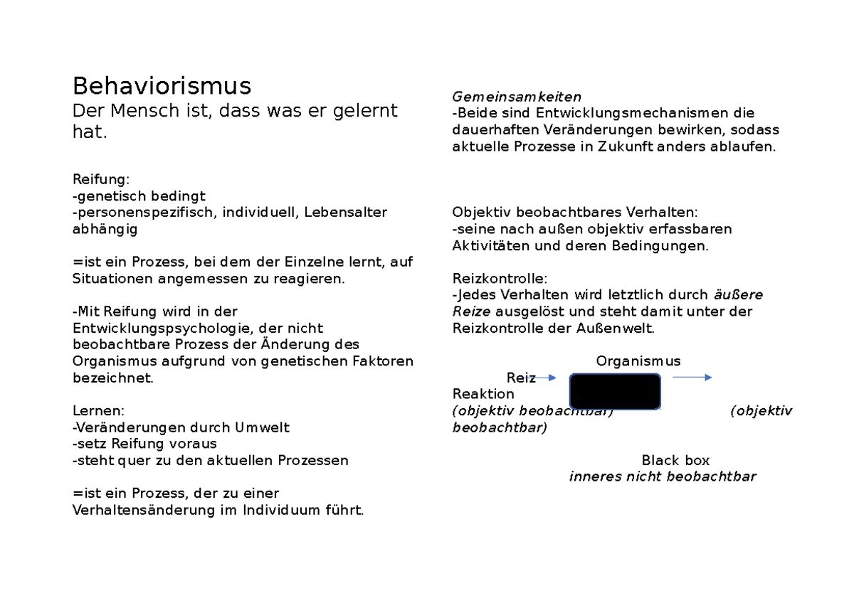 Behaviorismus - Behavioismus - Behaviorismus Der Mensch ist, dass was er gelernt hat. Reifung ...